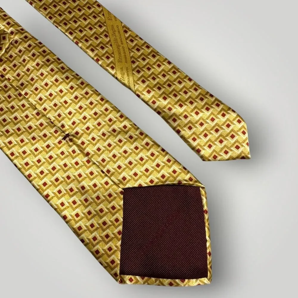 ERMENEGILDO ZEGNA Tie Silk Tie Geometric 100% Silk Necktie Yellow Made in Italy